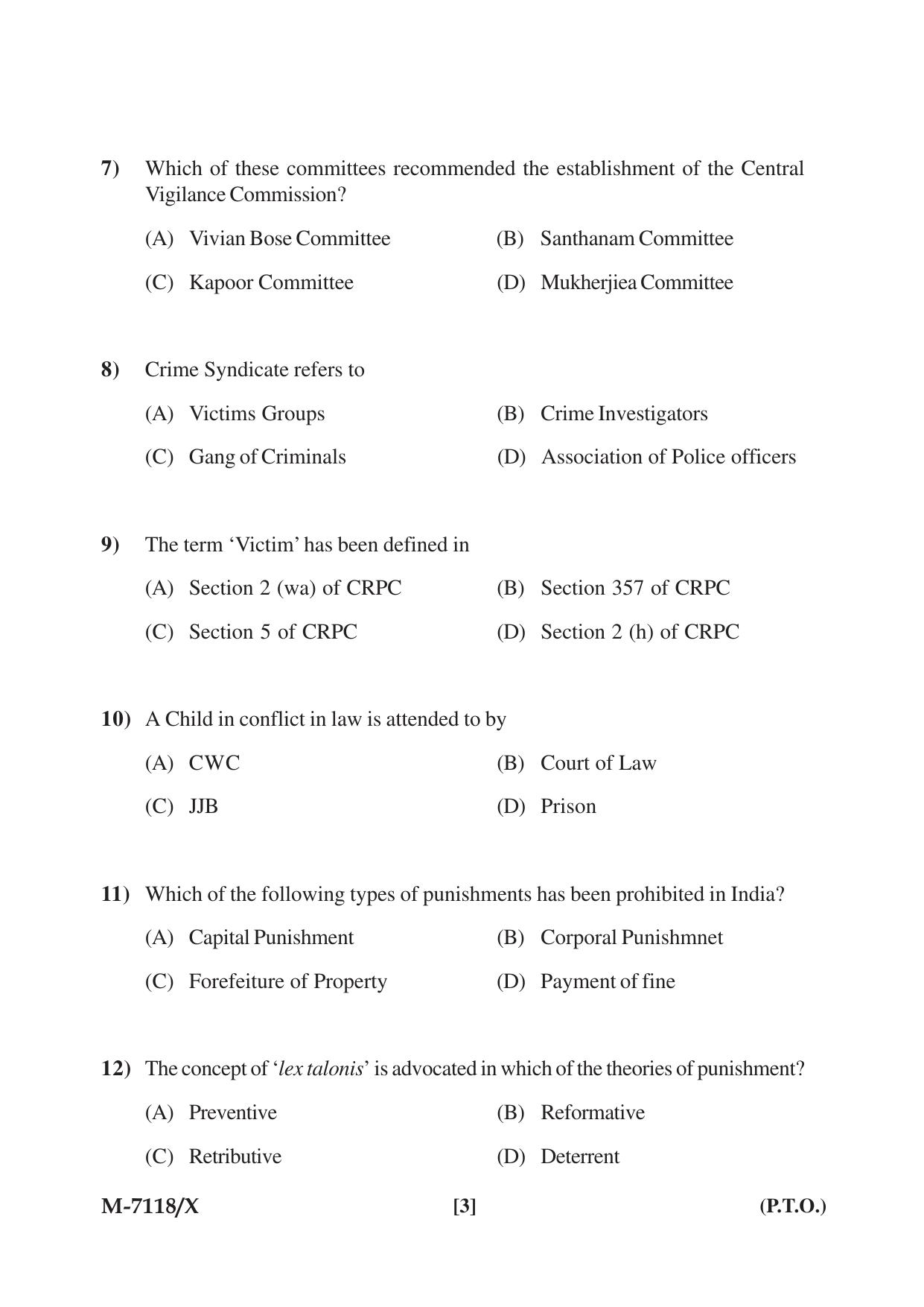 Mysore University PG Entrance Exam 2019: Criminology & Forensic Science Question Paper - Page 3