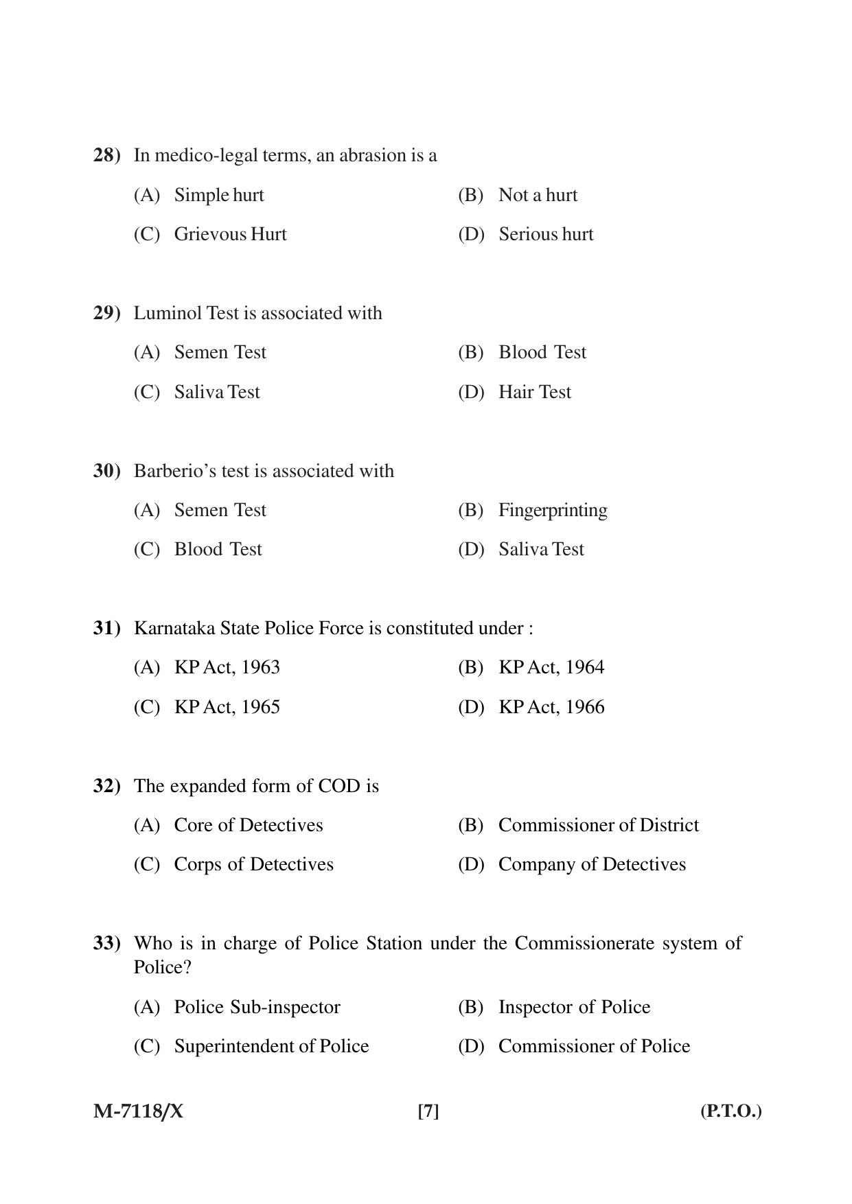 Mysore University PG Entrance Exam 2019: Criminology & Forensic Science Question Paper - Page 7