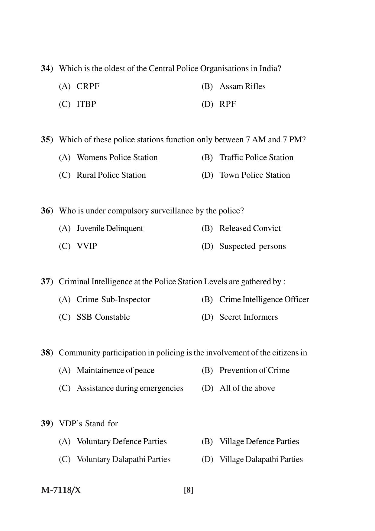 Mysore University PG Entrance Exam 2019: Criminology & Forensic Science Question Paper - Page 8