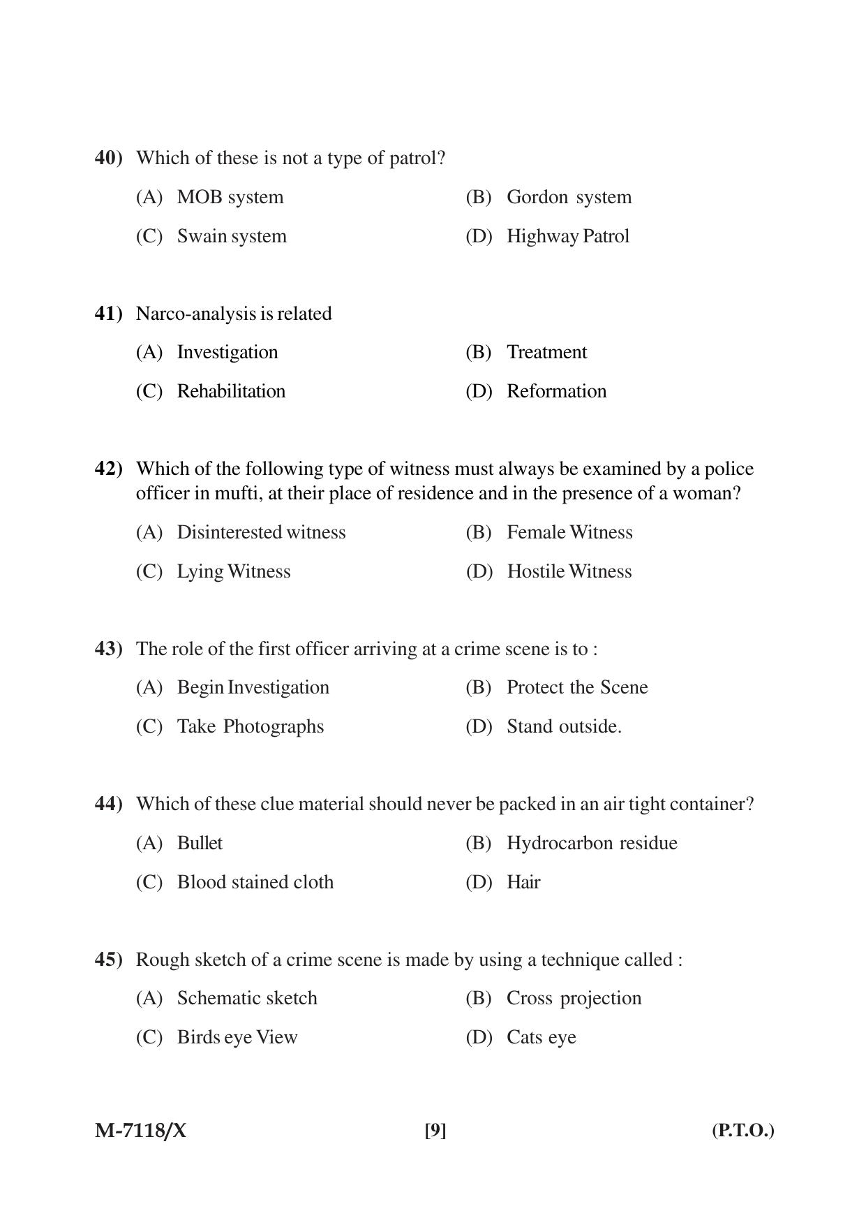 Mysore University PG Entrance Exam 2019: Criminology & Forensic Science Question Paper - Page 9