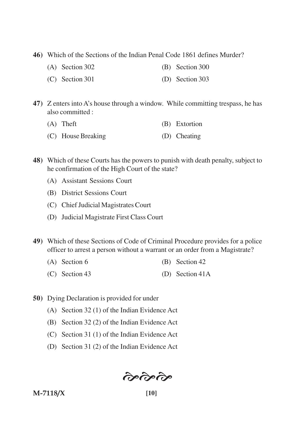Mysore University PG Entrance Exam 2019: Criminology & Forensic Science Question Paper - Page 10