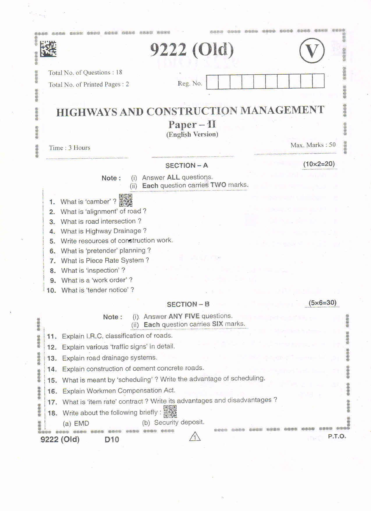 AP Intermediate 2nd Year Vocational Question Paper September-2021- Highways&Construction_Management-II - Page 1