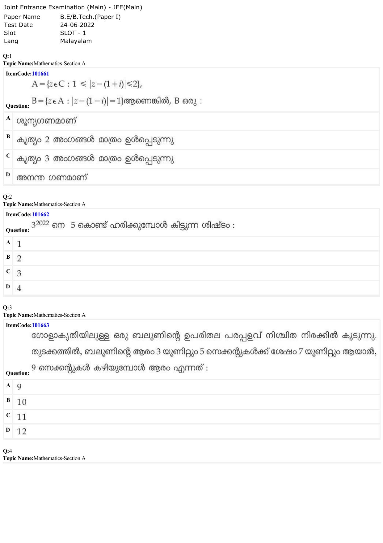 JEE Mains 2022: BTech Malayalam (Shift 1) 24-06-2022 Question Paper - Page 1