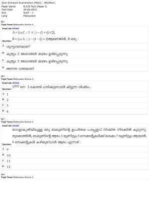 JEE Mains 2022: BTech Malayalam (Shift 1) 24-06-2022 Question Paper