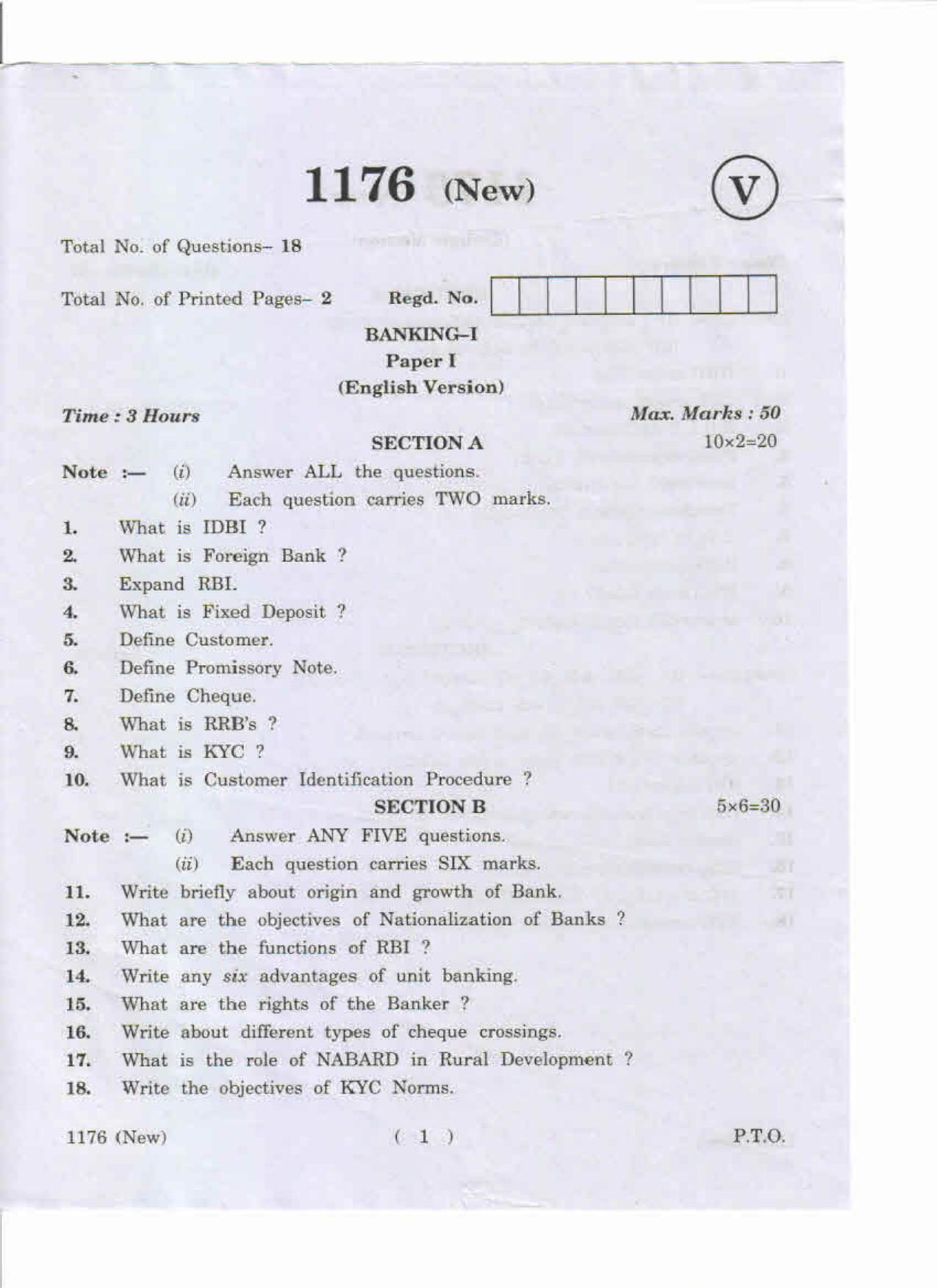 AP Inter 1st Year Banking-I (New) May-2019-Vocational Question Paper - Page 1