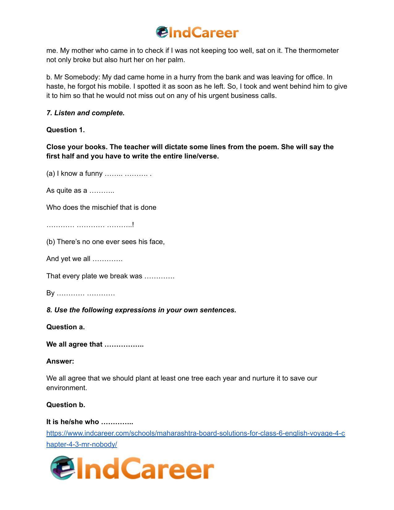 Maharashtra Board Solutions for Class 6- English (Voyage 4): Chapter 4.3- Mr Nobody - Page 6