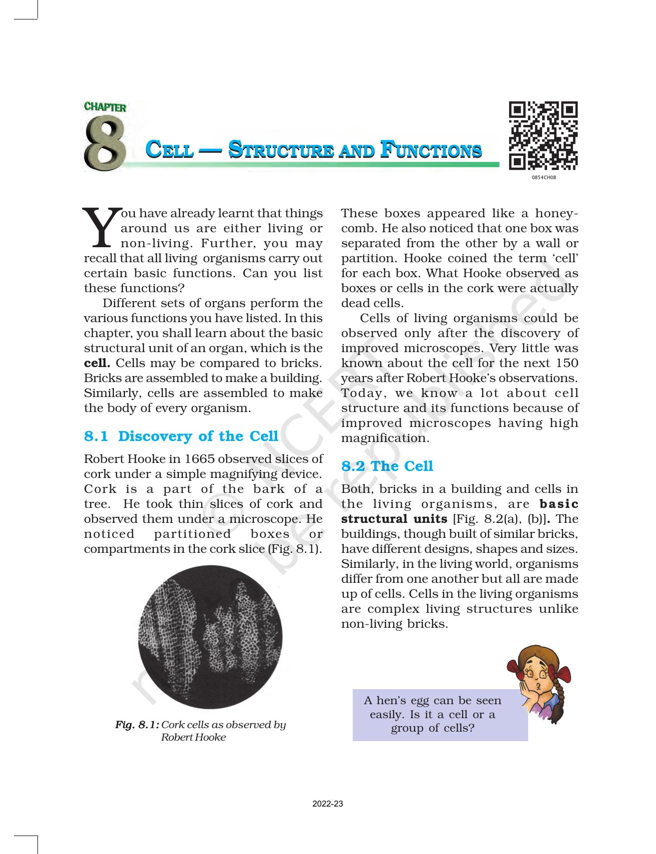 NCERT Book for Class 8 Science Chapter 8 Cell Structure and Functions - Page 1