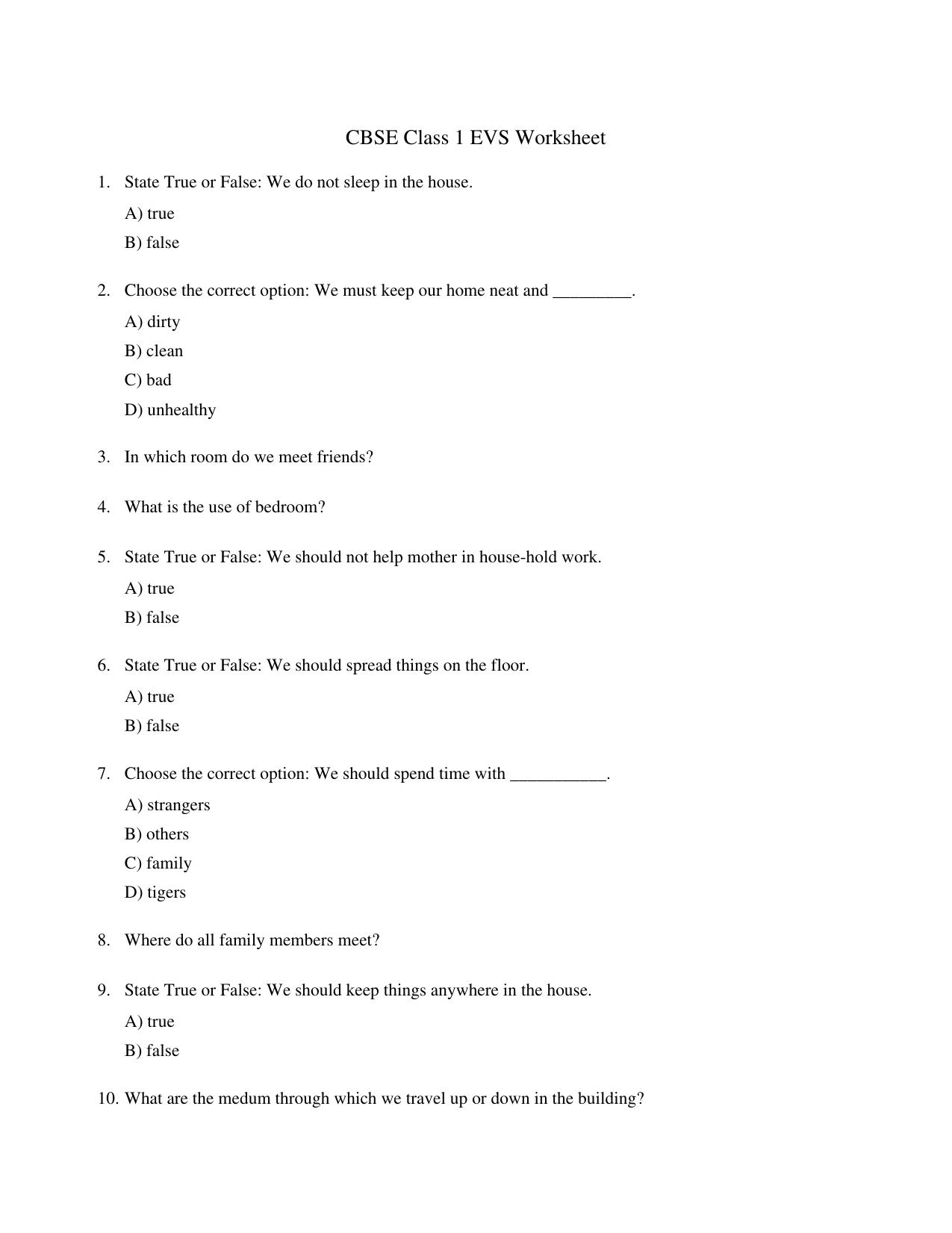 CBSE Class 1 EVS My body needs care Worksheets - Page 1
