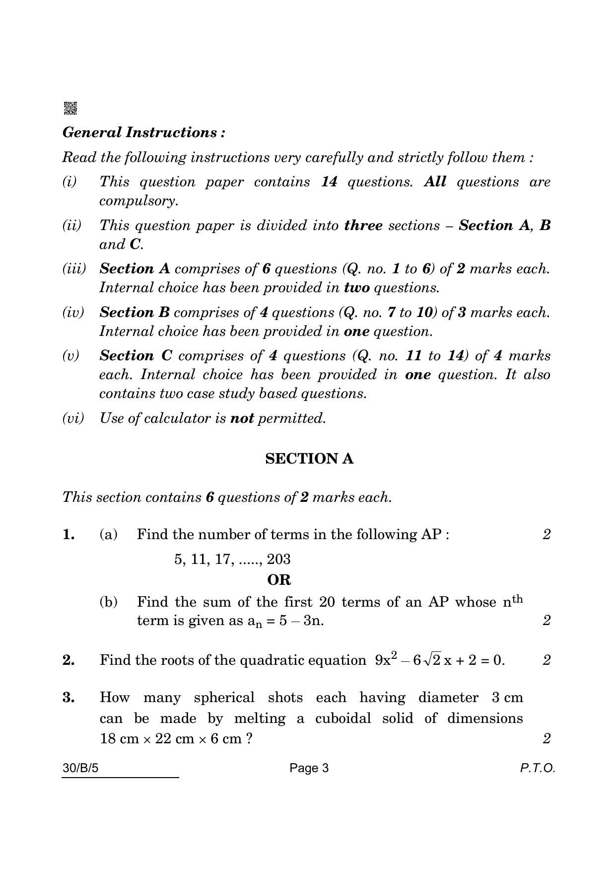 CBSE Class 10 Maths VI (30/B/5 - SET 5) 2022 Question Paper - Page 3