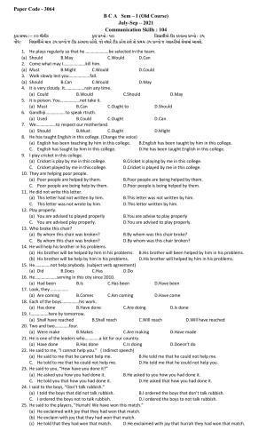 Hemchand North Gujarat University Sample Paper July-Sept 2021:   B C A Sem – I  104-Communication Skills Paper Code - 3064 (Old Course)
