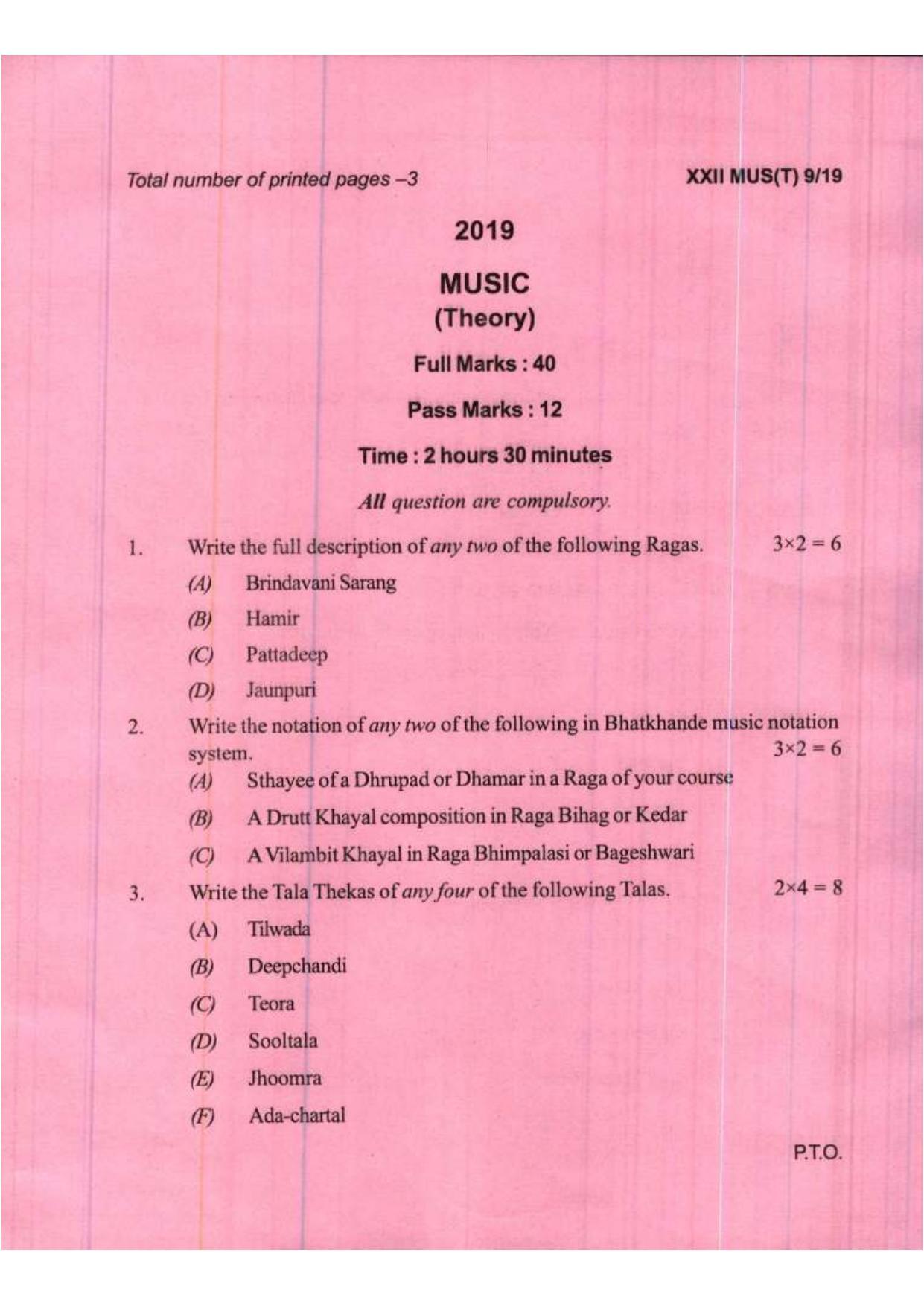COHSEM Class 12 Music 2019 Question Papers - Page 1