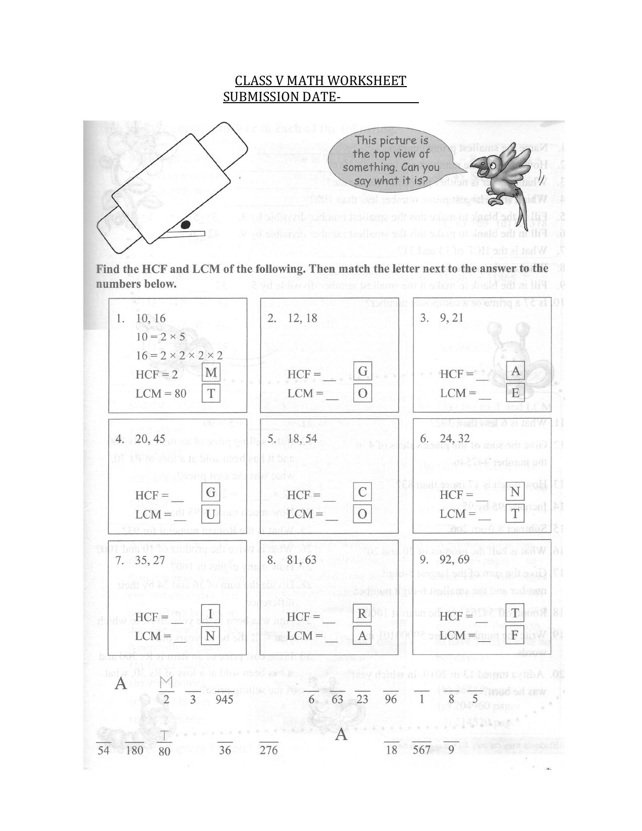 Worksheet for Class 5 Maths Assignment HCF and LCM - Page 1