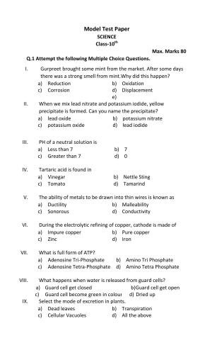 PSEB 10th Science Model Paper 2025