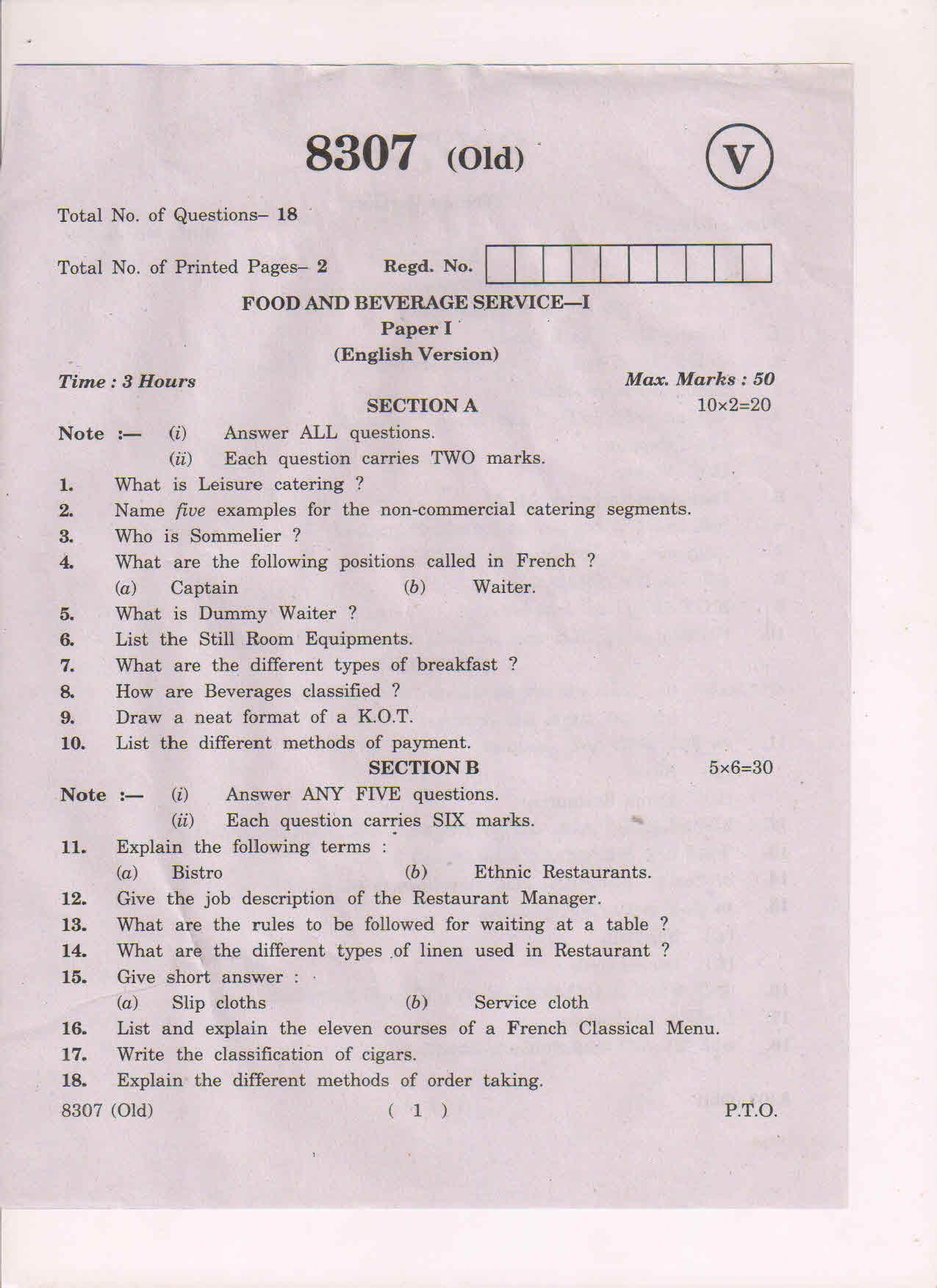AP Inter 1st Year Food And Beverage Service-I (Old) March-2019-Vocational Question Paper - Page 1