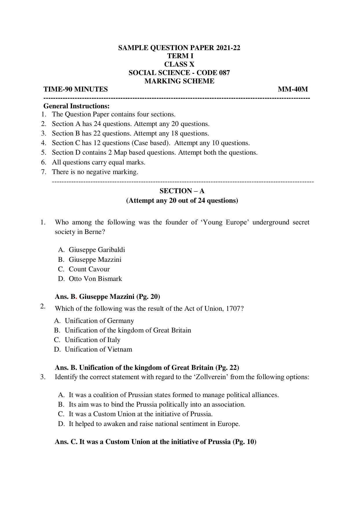CBSE Class 10 Social Science Marking Scheme and Solutions 2021-22 - Page 1