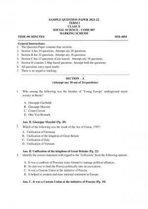 CBSE Class 10 Social Science Marking Scheme and Solutions 2021-22