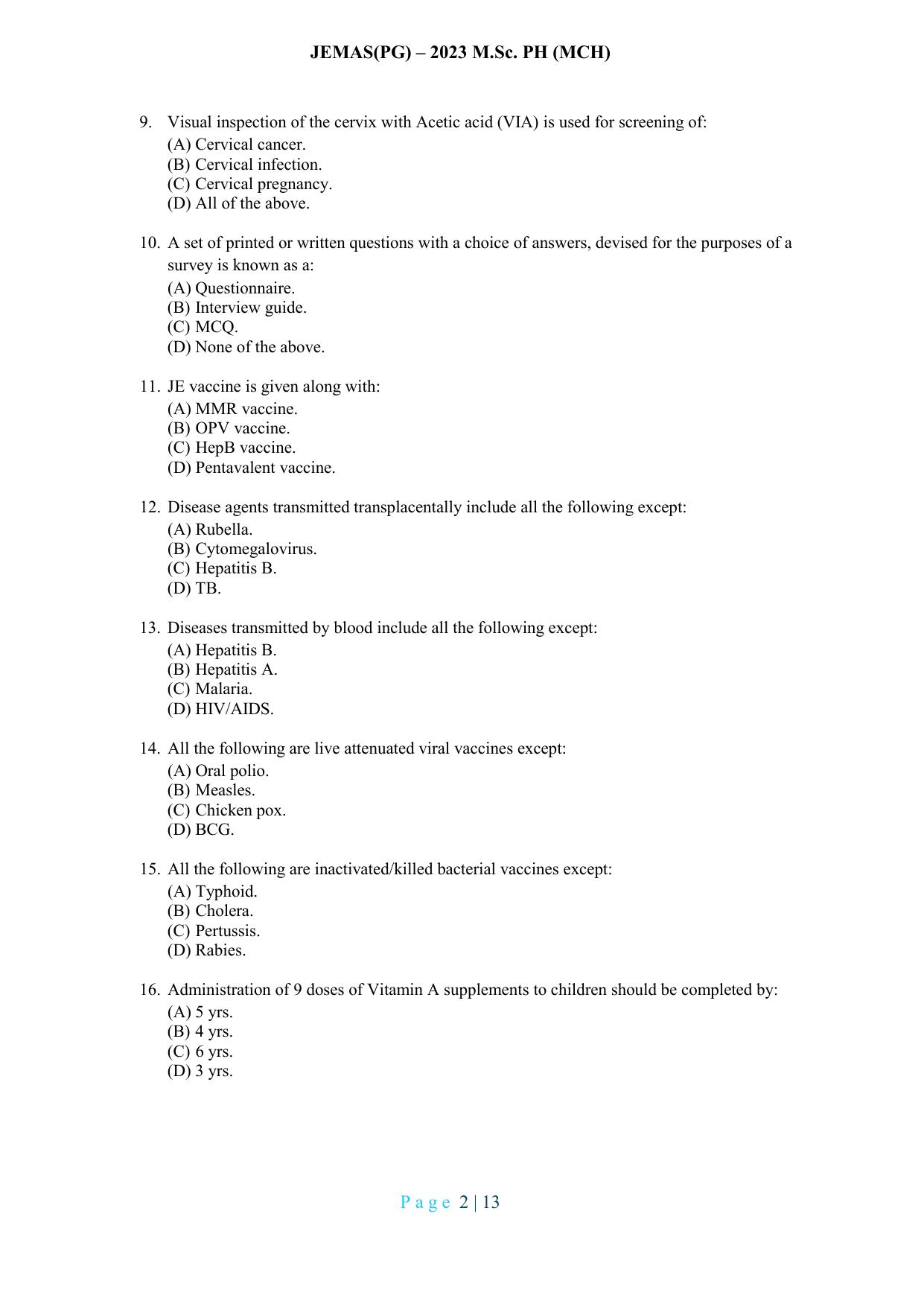 WB JEMAS (PG) MSc PH MCH 2023 Question Paper - Page 3