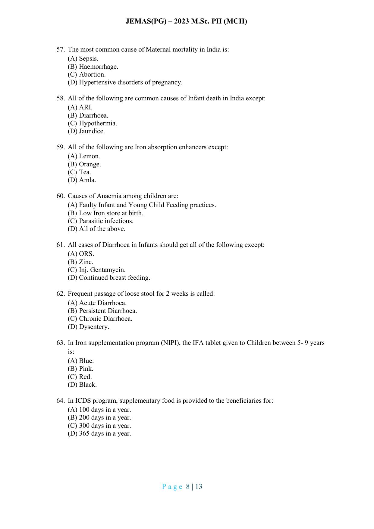 WB JEMAS (PG) MSc PH MCH 2023 Question Paper - Page 9