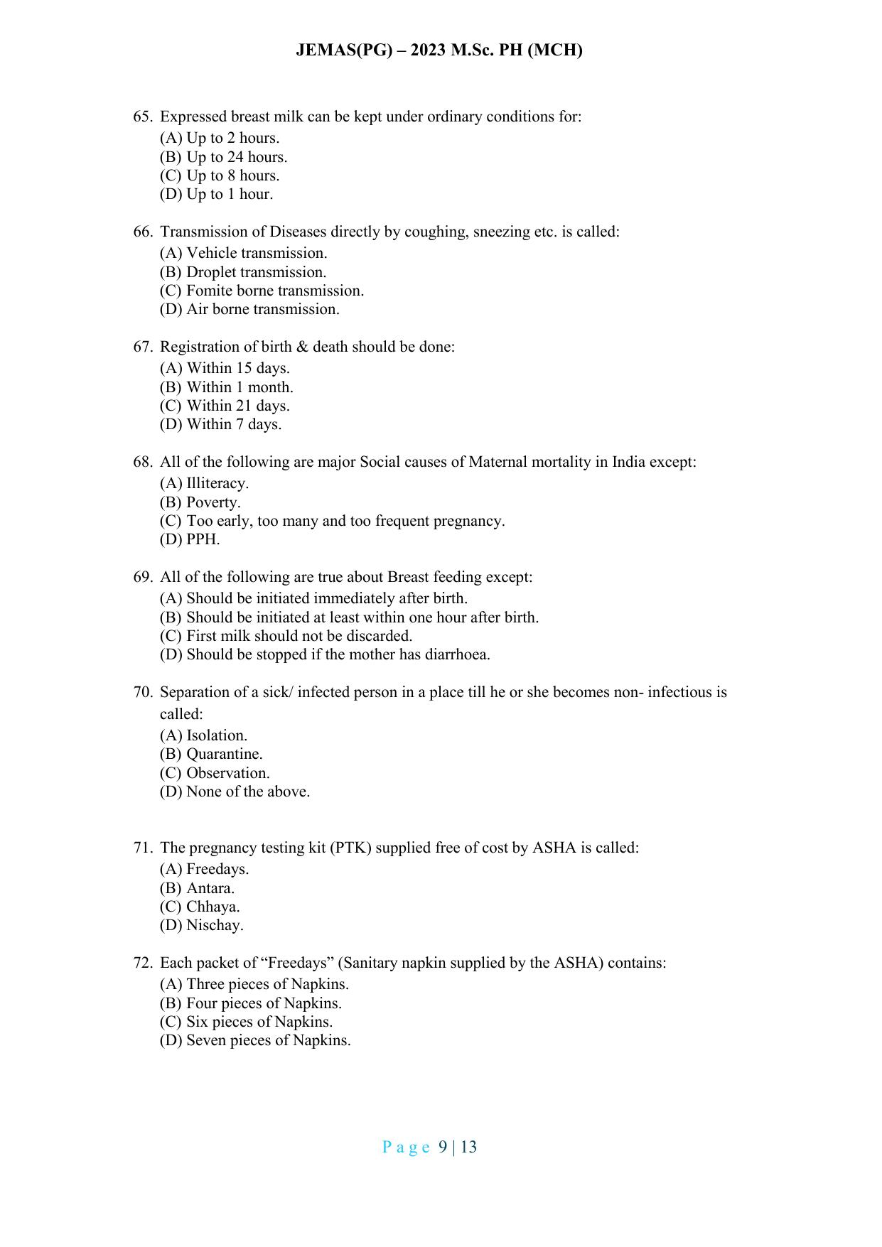 WB JEMAS (PG) MSc PH MCH 2023 Question Paper - Page 10