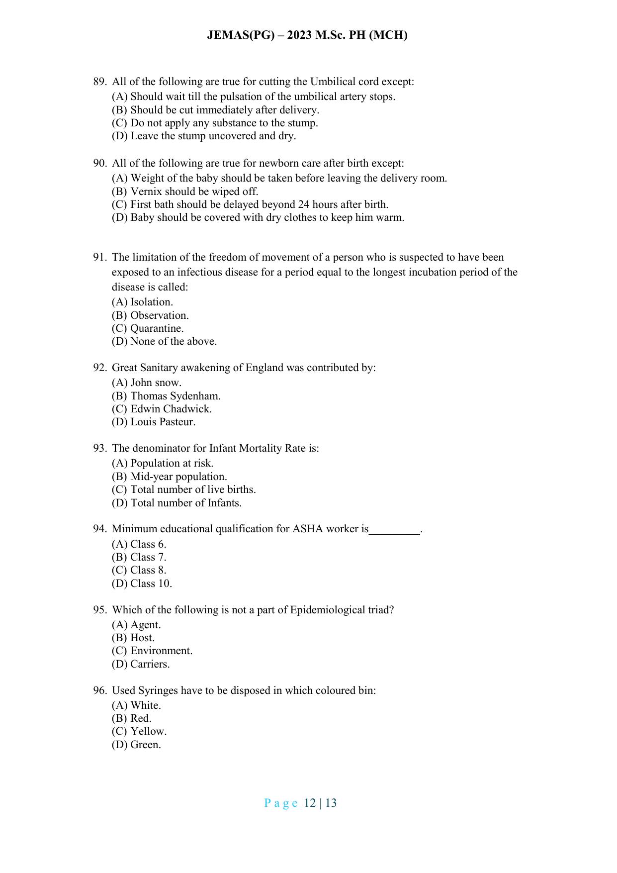 WB JEMAS (PG) MSc PH MCH 2023 Question Paper - Page 13