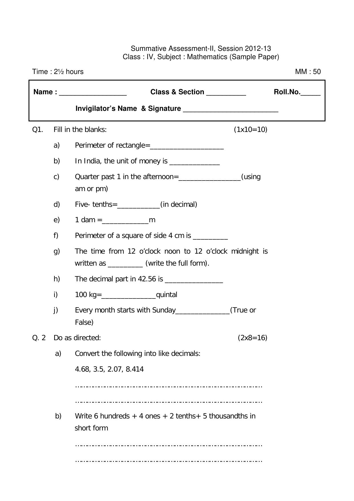 Worksheet for Class 4 Maths Assignment 15 - Page 1