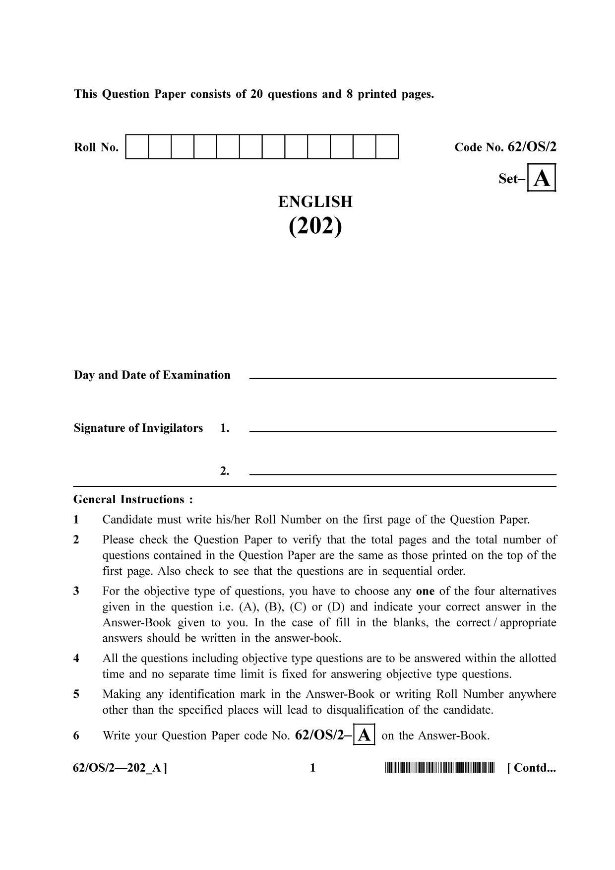 NIOS October 2021 Class 10 English Question Paper - Page 1
