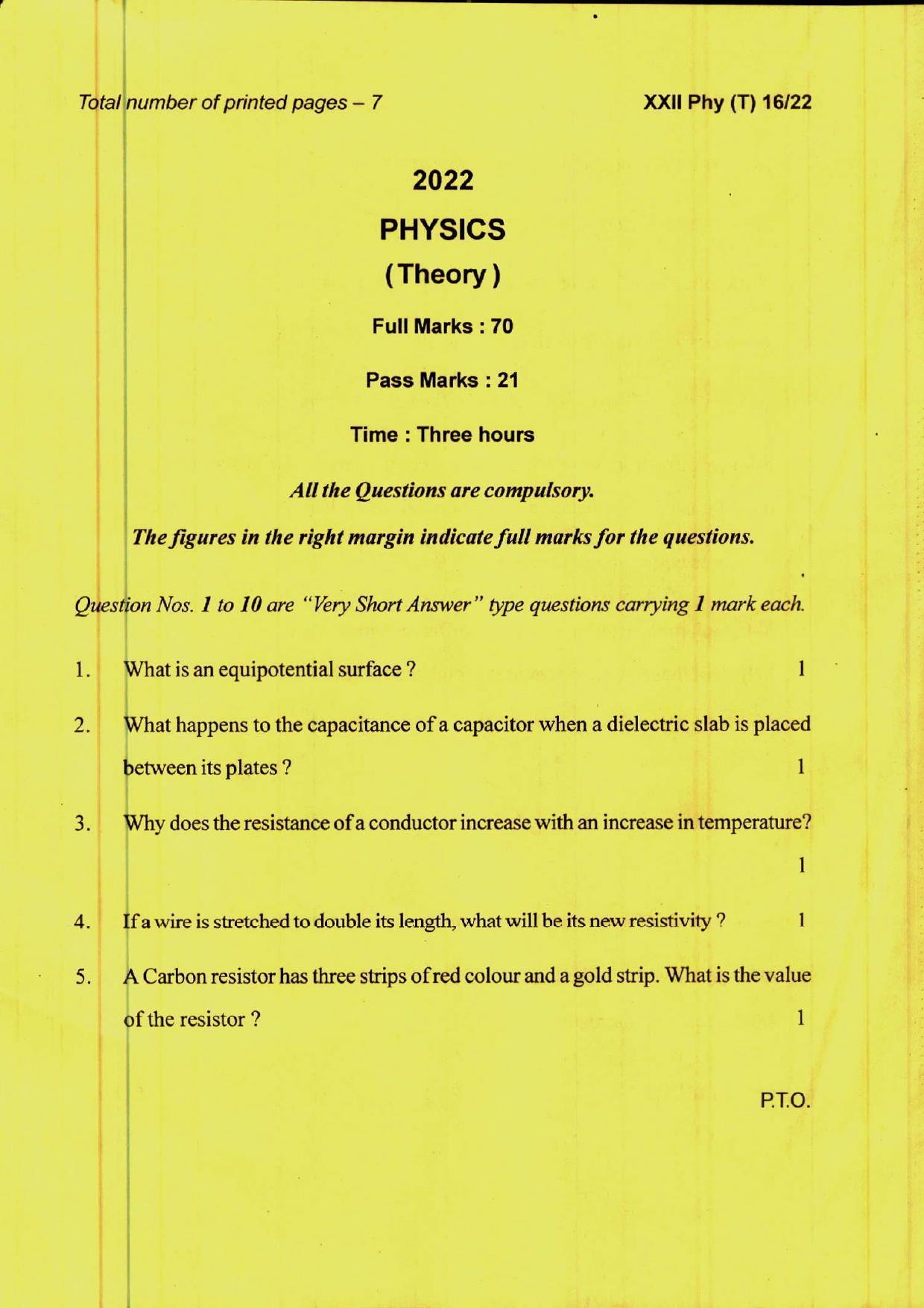 COHSEM 12th Question Papers 2022 Physics - Page 1