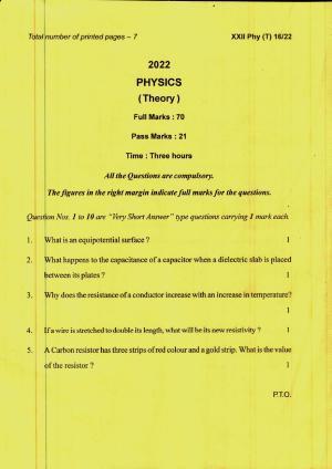 COHSEM 12th Question Papers 2022 Physics