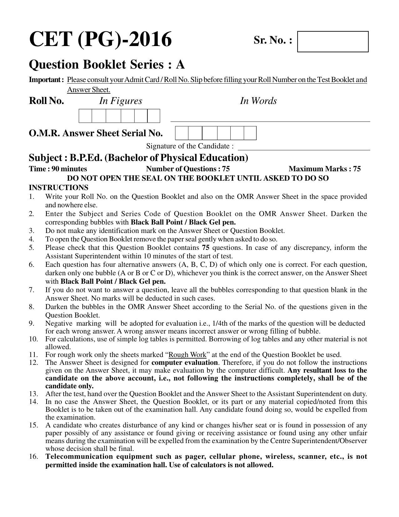 PU CET PG 2016 Question Paper Part II (SET A) - Page 1