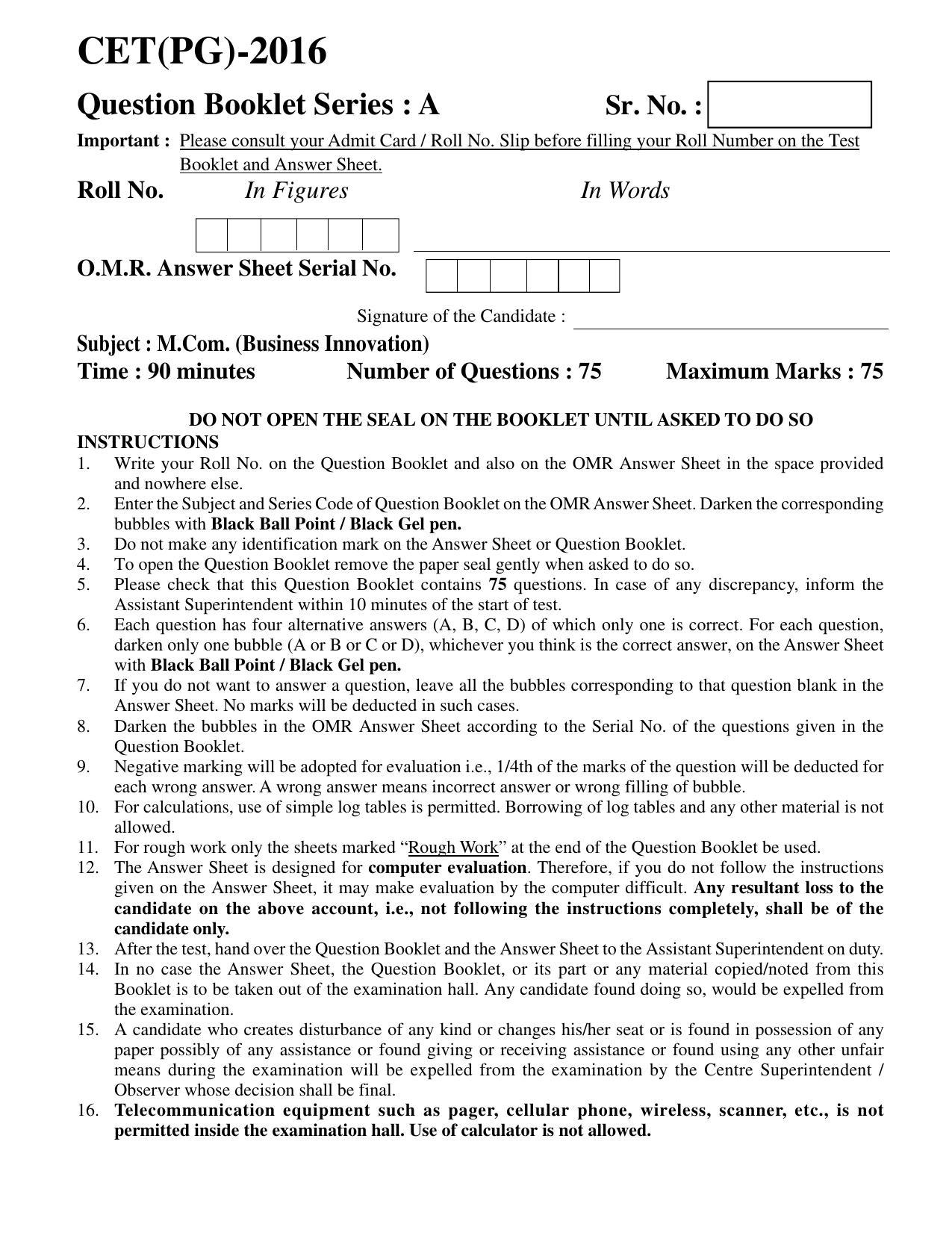 PU CET PG 2016 Question Paper Part II (SET A) - Page 40
