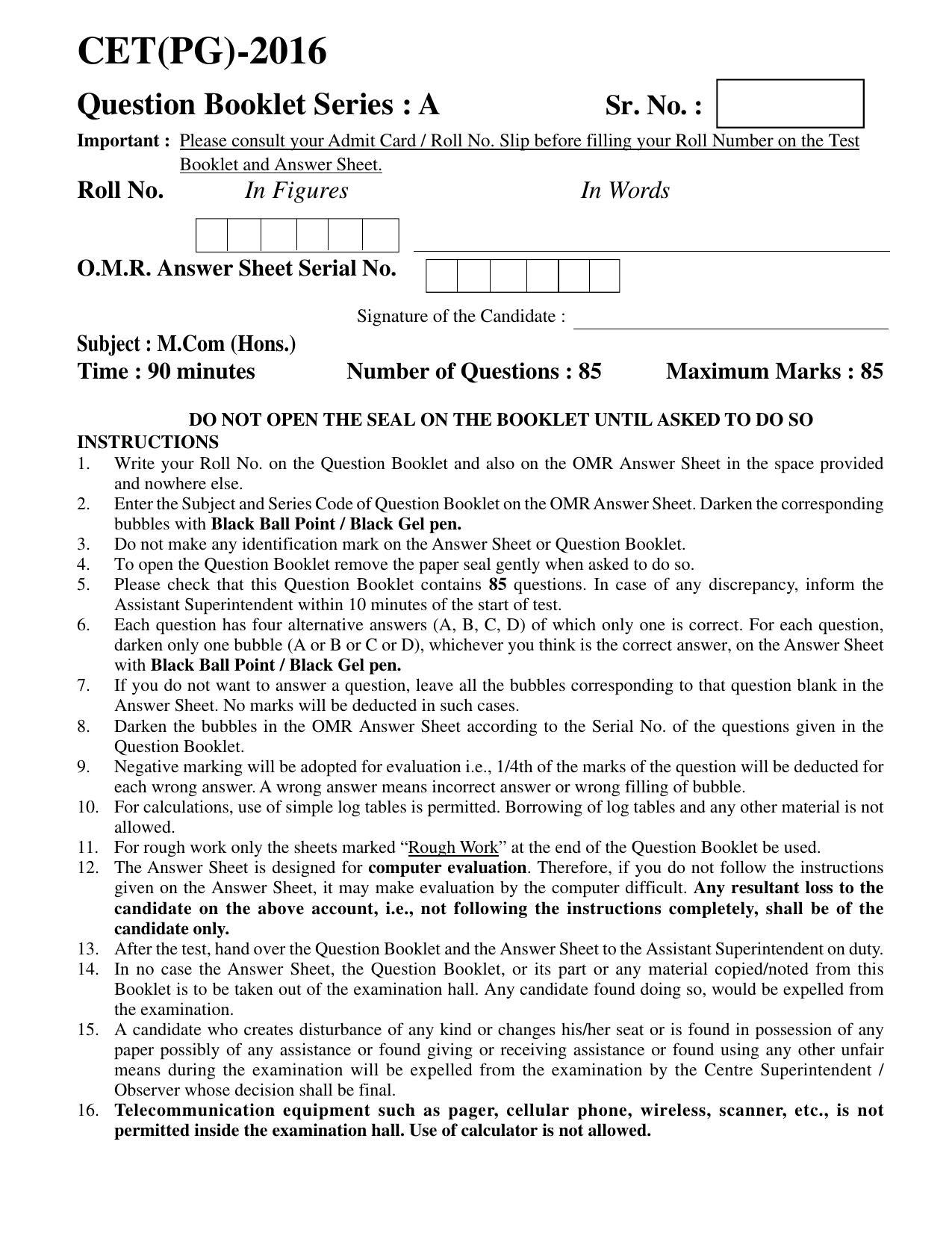PU CET PG 2016 Question Paper Part II (SET A) - Page 67