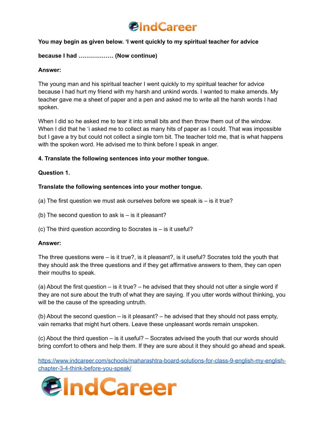 Maharashtra Board Solutions for Class 9- English (My English): Chapter 3.4- Think Before You Speak! - Page 6