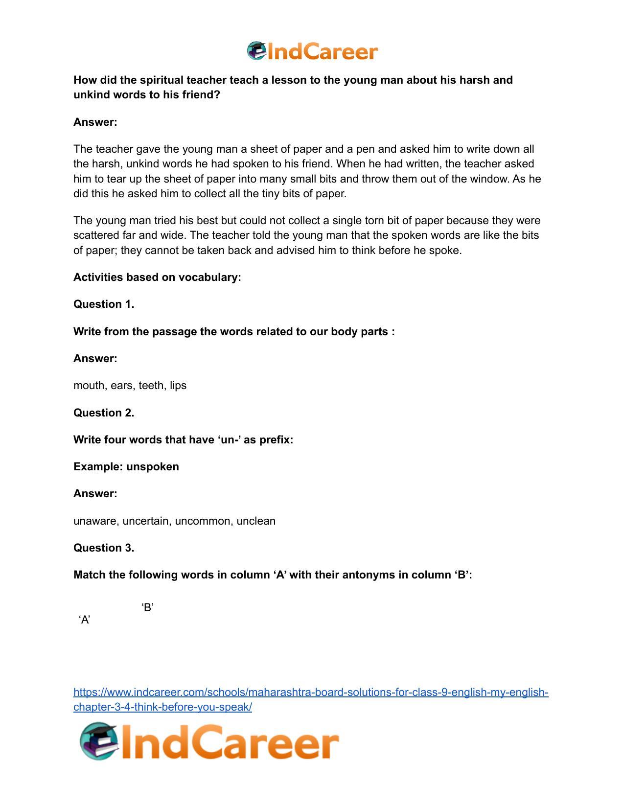Maharashtra Board Solutions for Class 9- English (My English): Chapter 3.4- Think Before You Speak! - Page 16