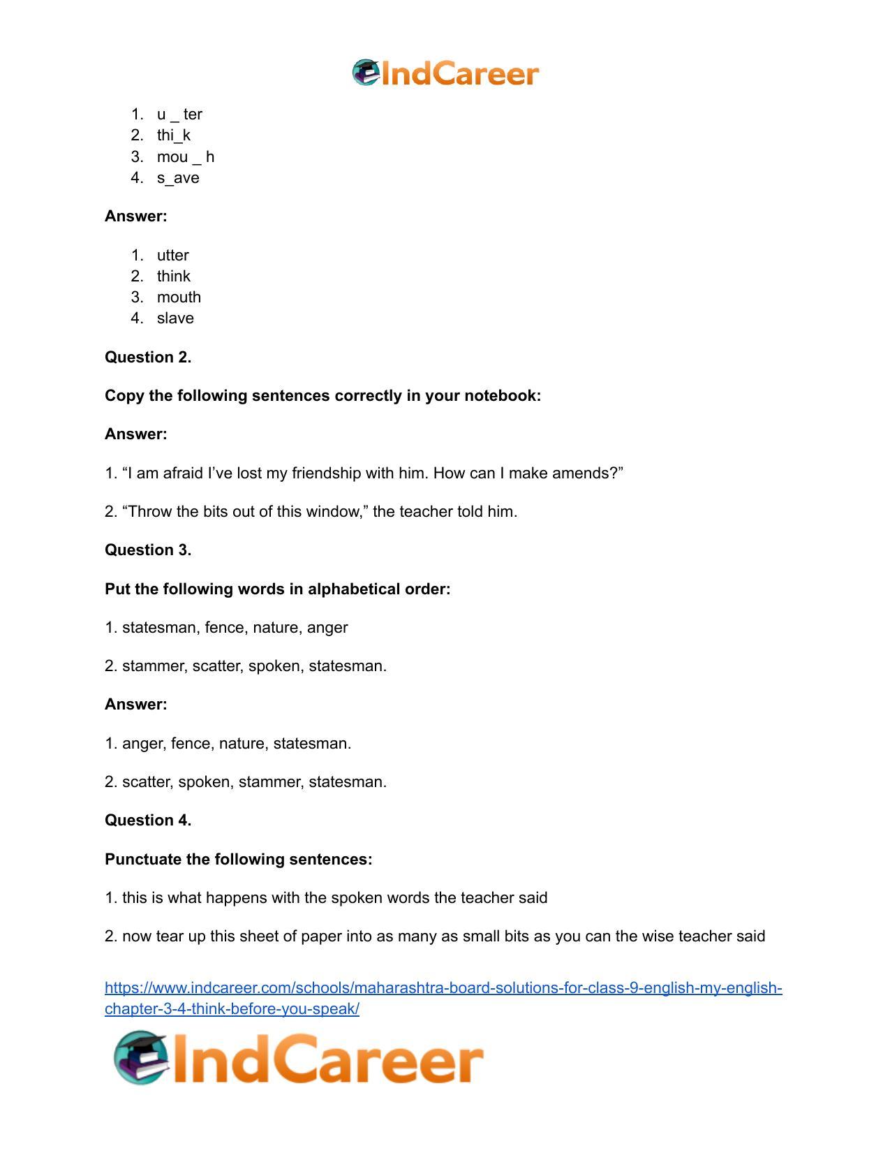Maharashtra Board Solutions for Class 9- English (My English): Chapter 3.4- Think Before You Speak! - Page 18