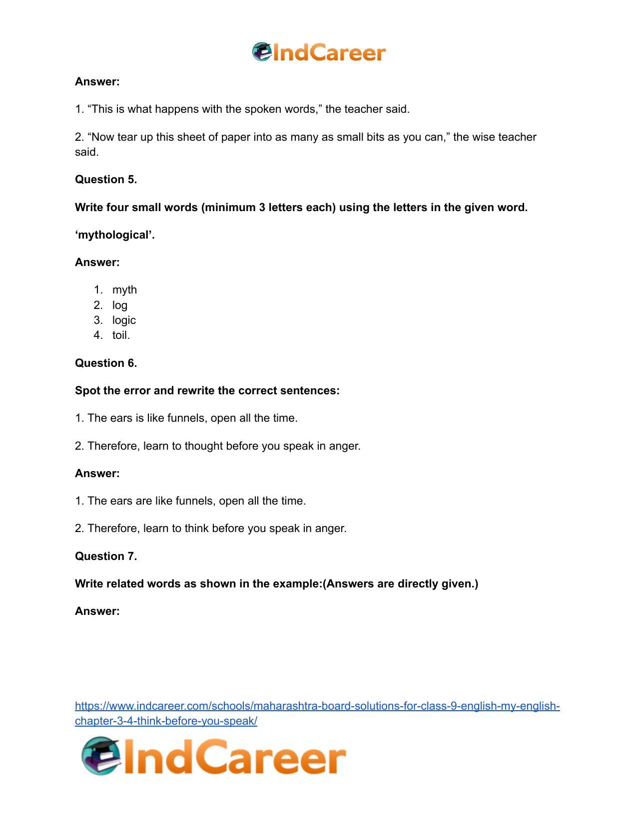 Maharashtra Board Solutions for Class 9- English (My English): Chapter 3.4- Think Before You Speak! - Page 19