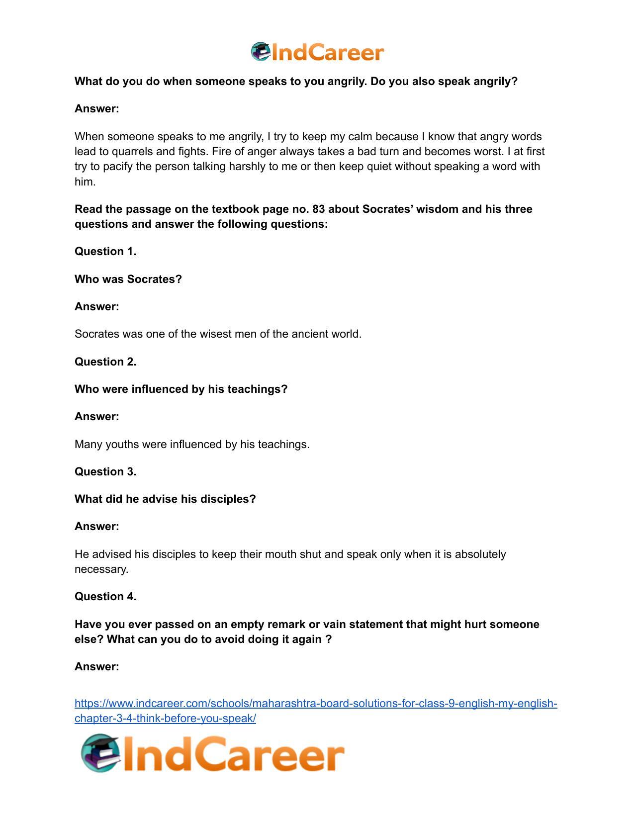 Maharashtra Board Solutions for Class 9- English (My English): Chapter 3.4- Think Before You Speak! - Page 22
