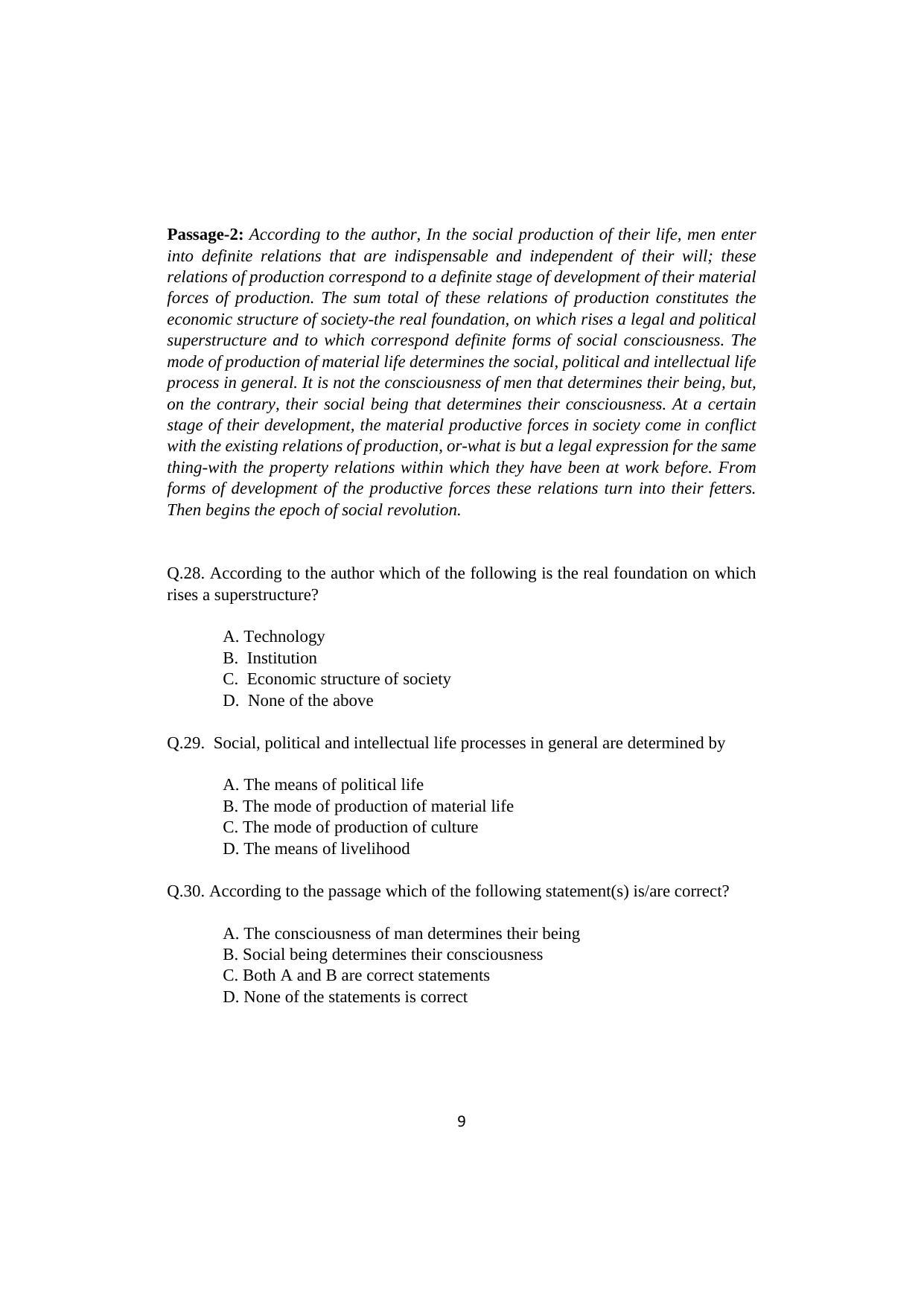 ISI Admission Test PG Diploma in Agricultural and Rural Management with Statistical Methods and Analytics DRA 2020 Sample Paper - Page 9