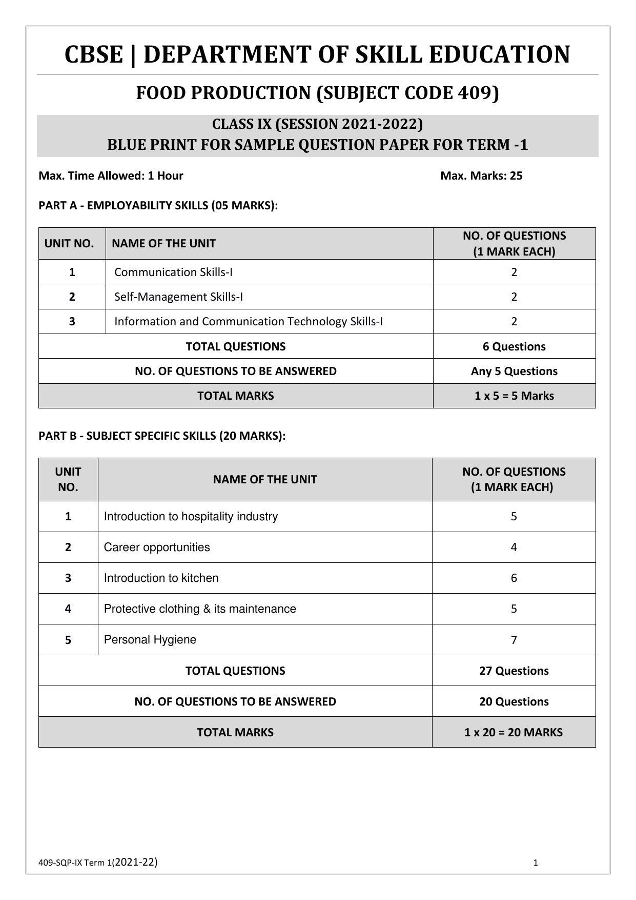 CBSE Class 10 Skill Education (Term I) - Food Production Sample Paper 2021-22 - Page 1