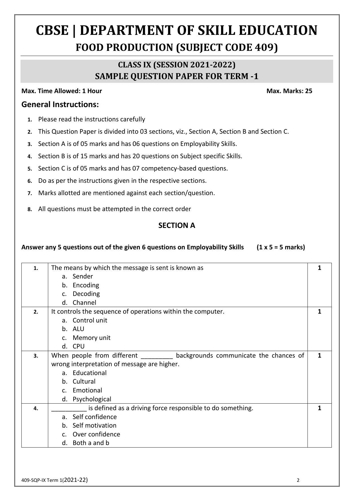 CBSE Class 10 Skill Education (Term I) - Food Production Sample Paper 2021-22 - Page 2