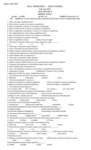 Hemchand North Gujarat University Sample Paper July-Sept 2021: M.Sc. Sem - 3  MS PHY - 302 - CC Paper Code - 6302 (New Course)