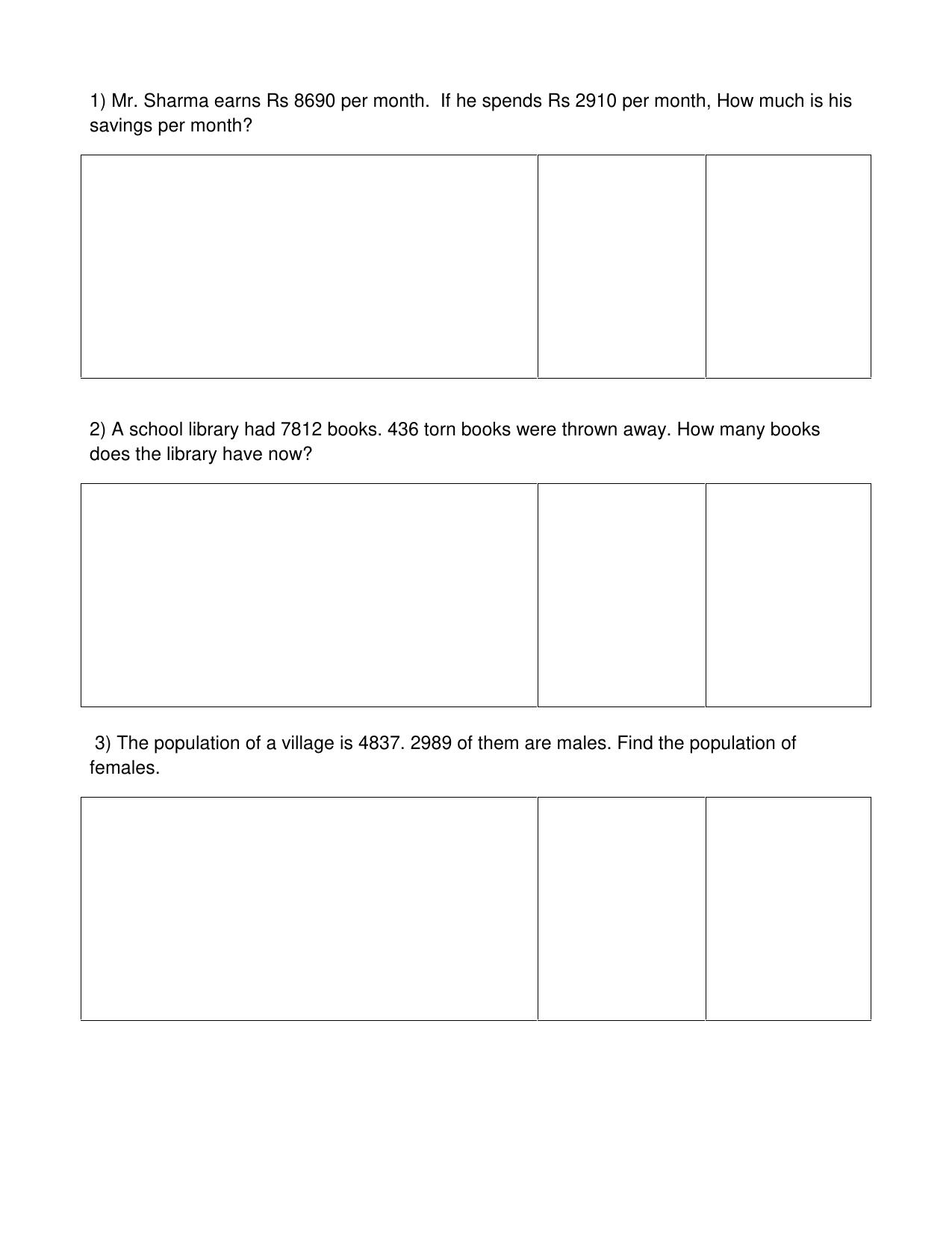 Worksheet for Class 3 Mathematics Subtraction Assignment - Page 4