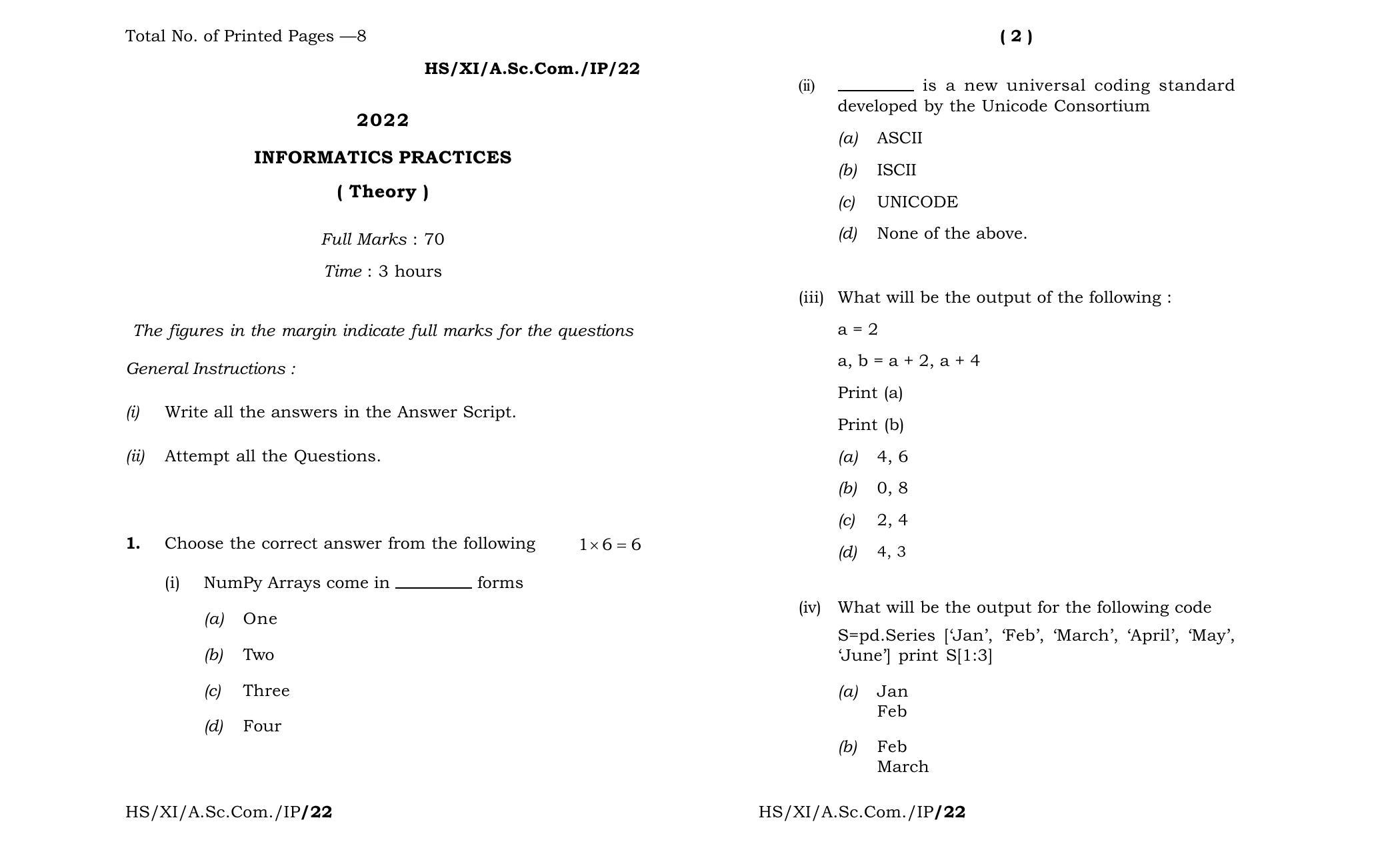 Meghalaya Board (MBOSE) Class 11 Informatics Practices (theory) 2022 Question Paper - Page 1