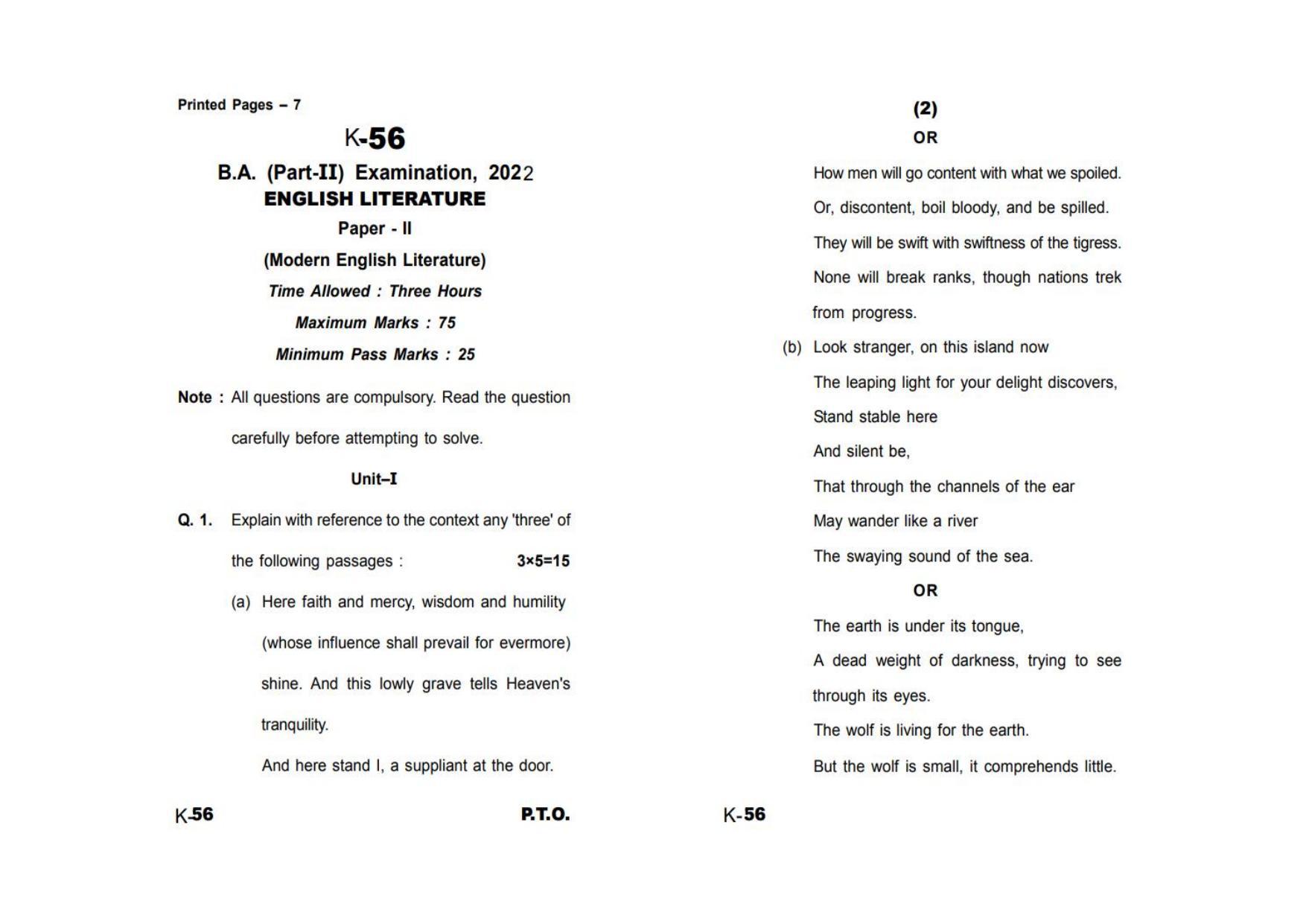 Sarguja University Question Paper - 2022 : B.A - II (Old) English Literature Paper Paper - II - Page 1