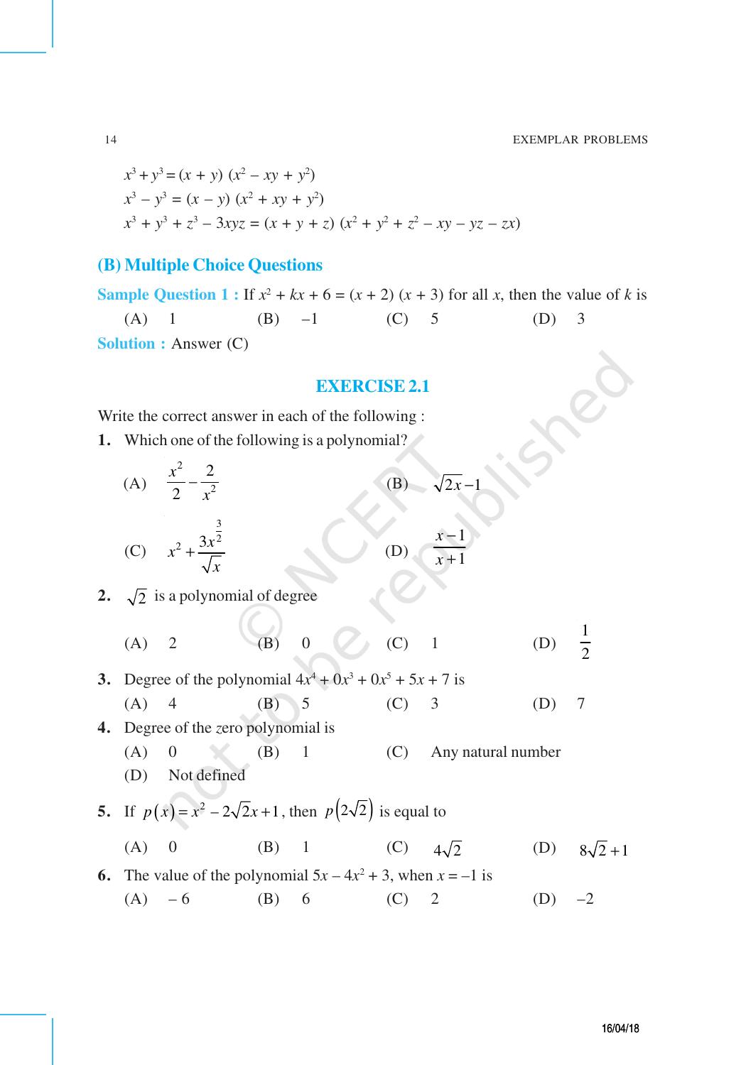 NCERT Exemplar Book for Class 9 Maths: Chapter 2 Polynomials - Page 2