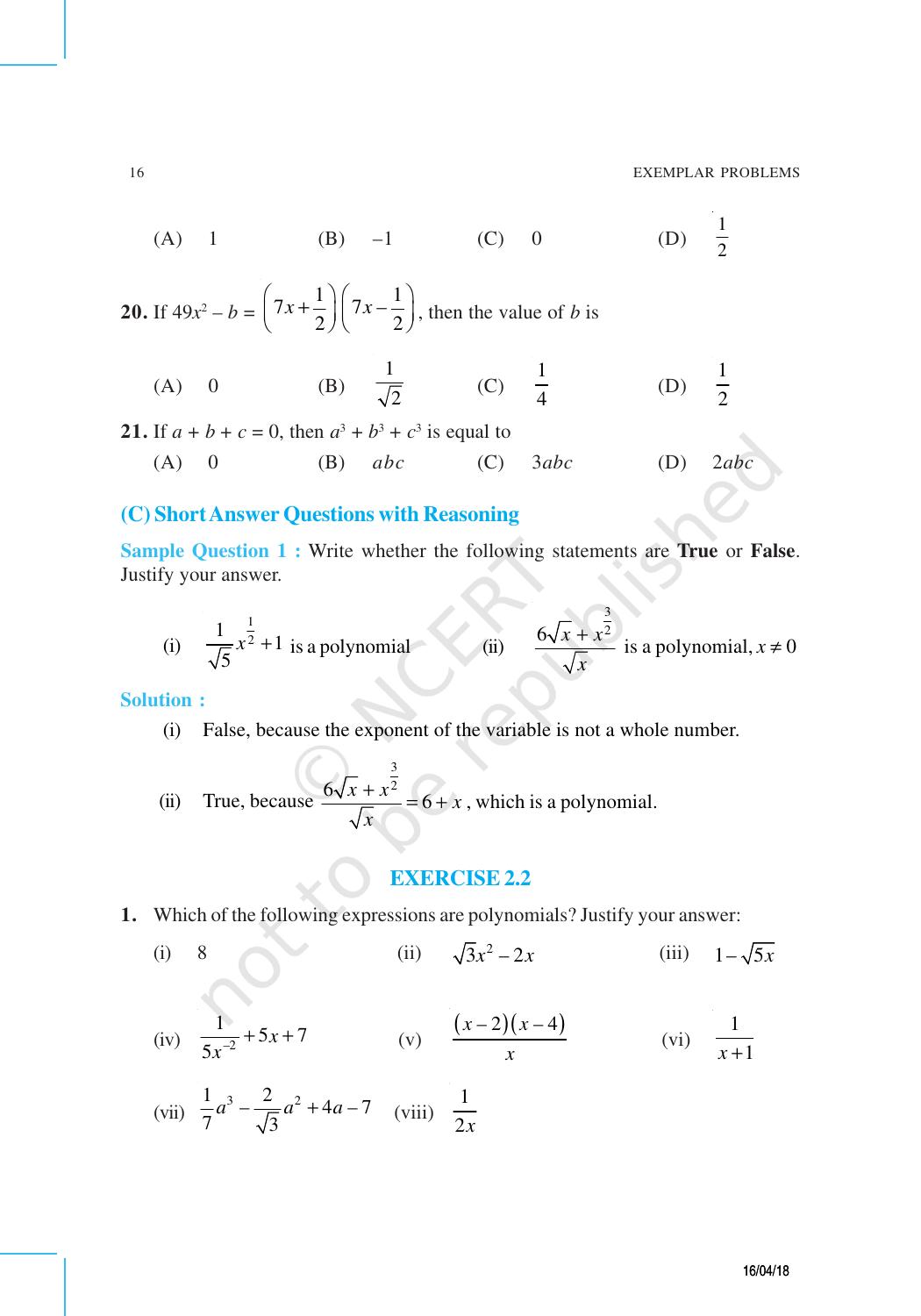 NCERT Exemplar Book for Class 9 Maths: Chapter 2 Polynomials - Page 4