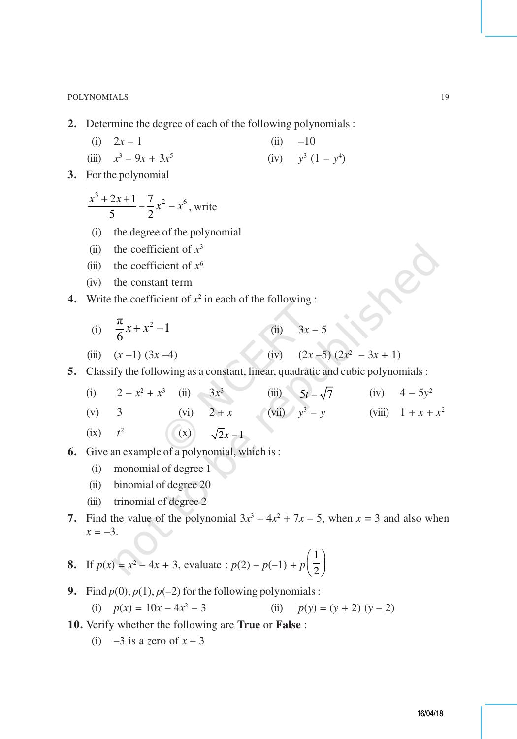 NCERT Exemplar Book for Class 9 Maths: Chapter 2 Polynomials - Page 7