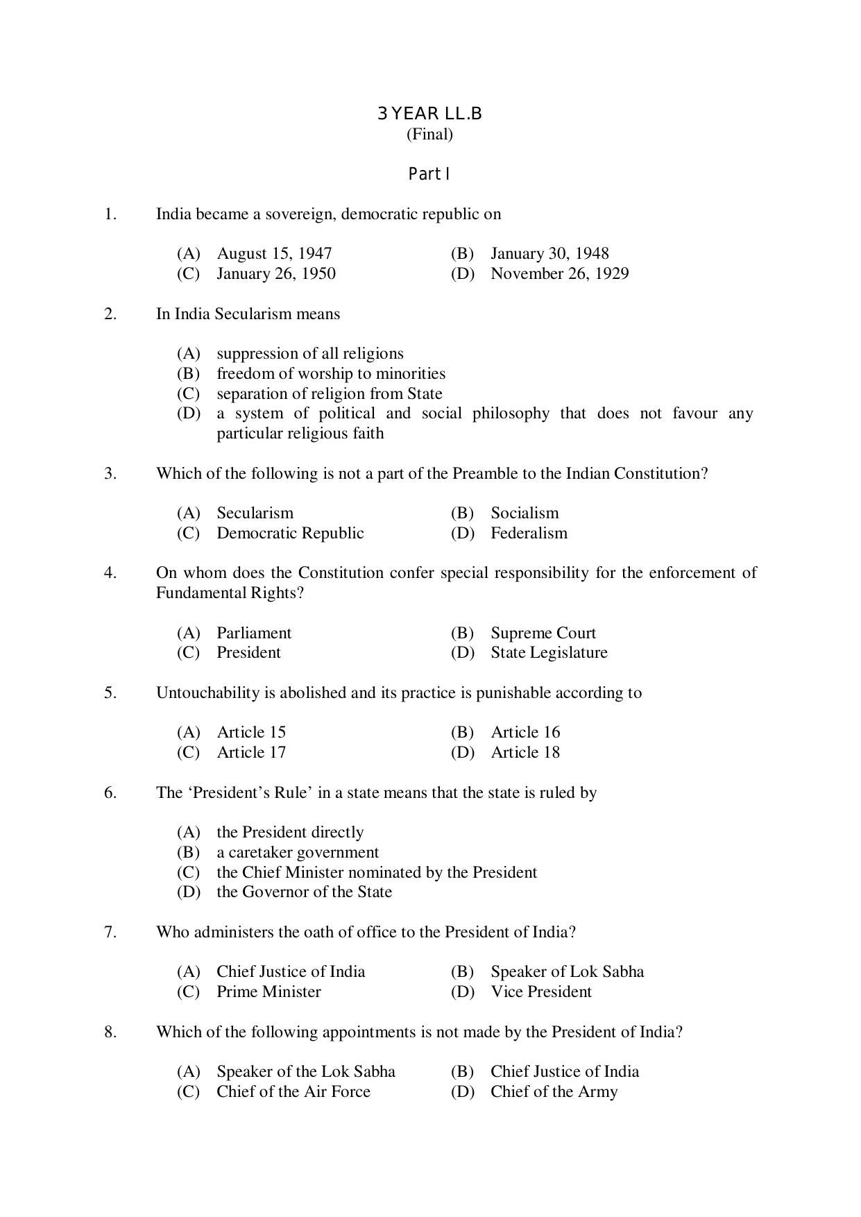 CUSAT CAT 2017 3 Year LLB Question Paper - Page 1