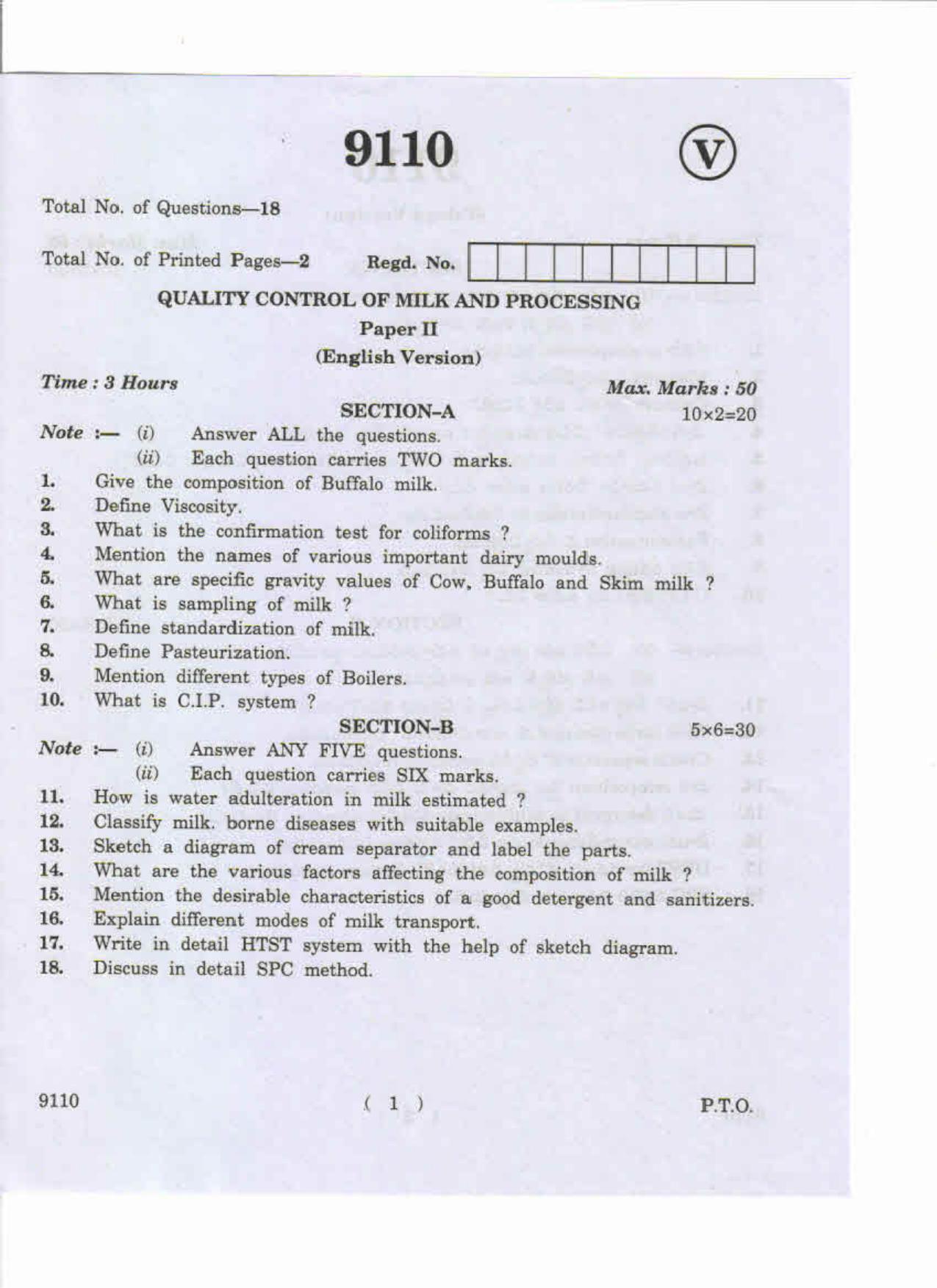 AP Inter 2nd Year Quality Control of Milk and Processing-II May-2019-Vocational Question Paper - Page 1