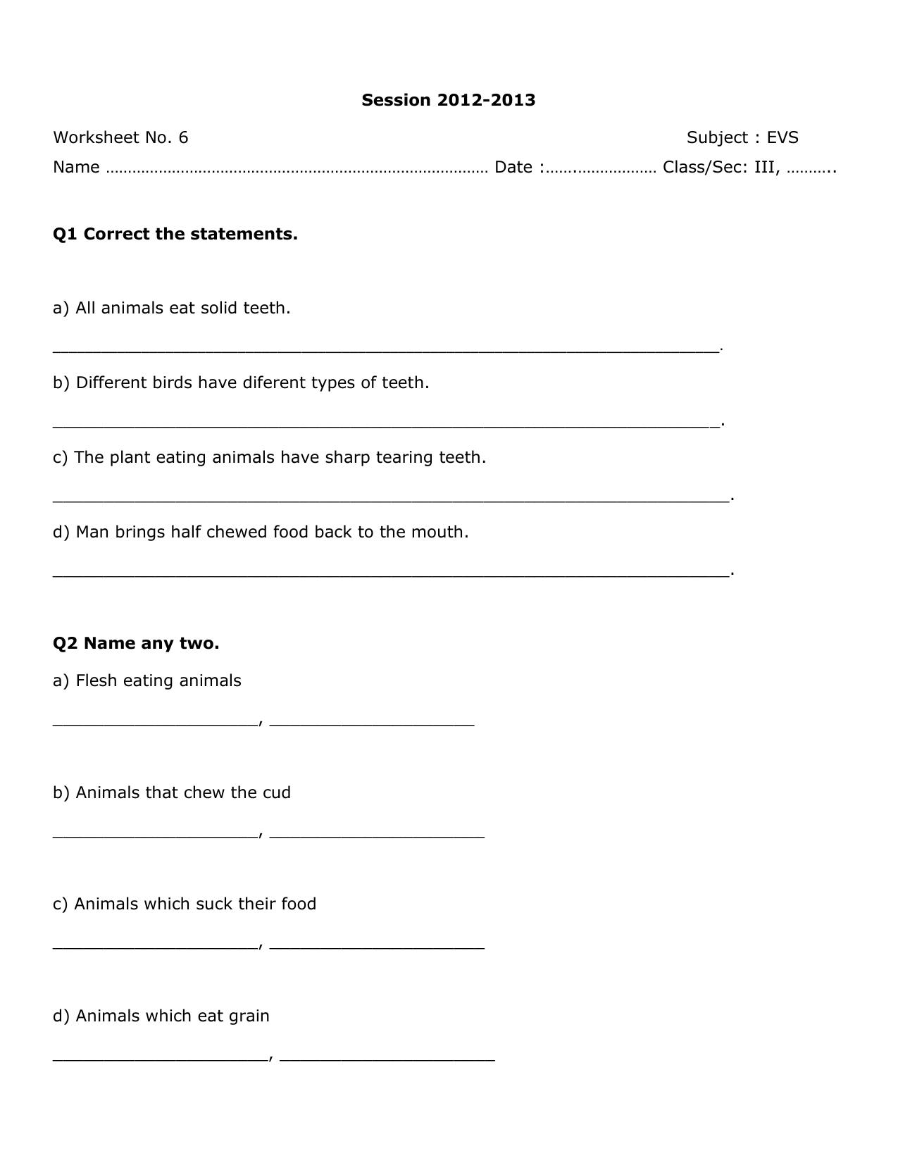 Worksheet for Class 3 EVS Assignment 7 - Page 1