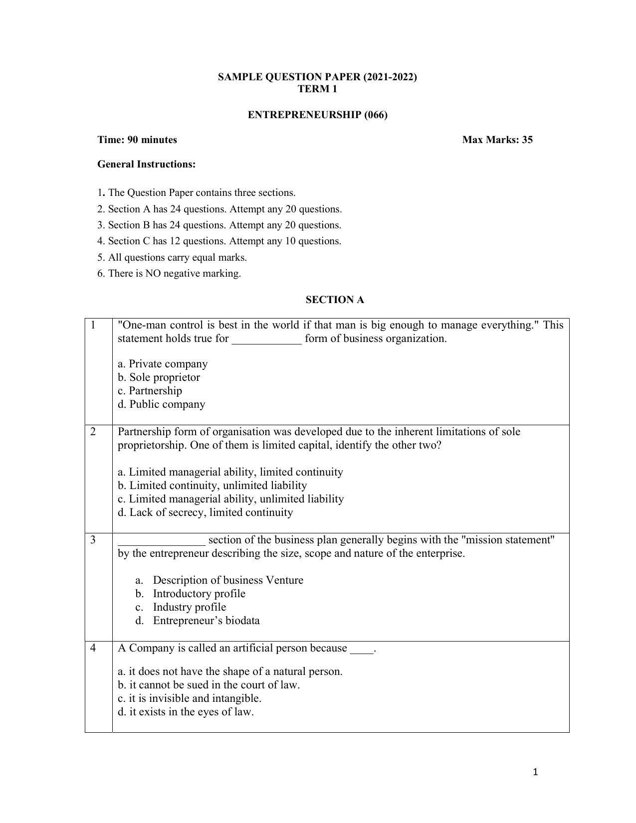 CBSE Class 12th Entrepreneurship Sample Question Paper 2021-22 - Page 1
